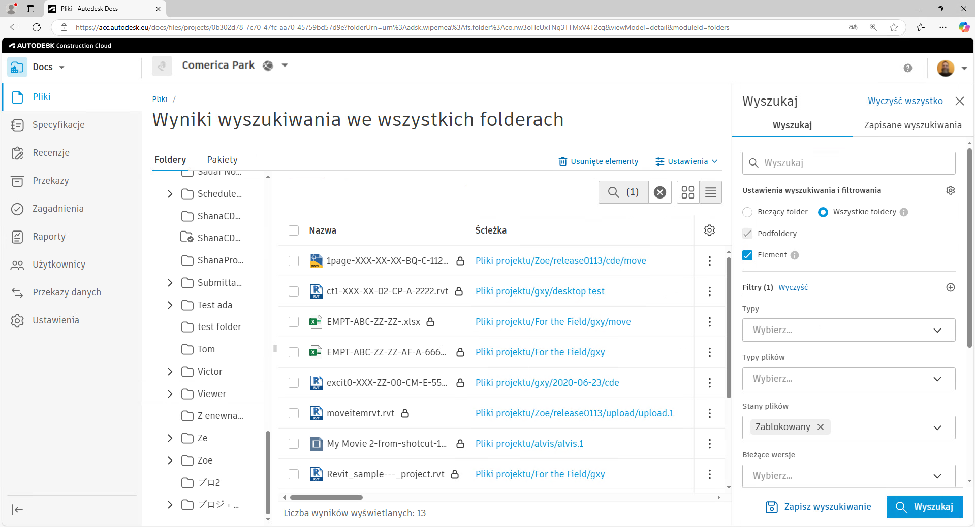 Wyszukiwanie z zablokowanymi statusami plików