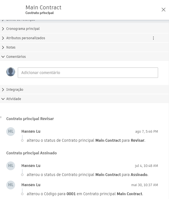A vista de atividades do contrato principal