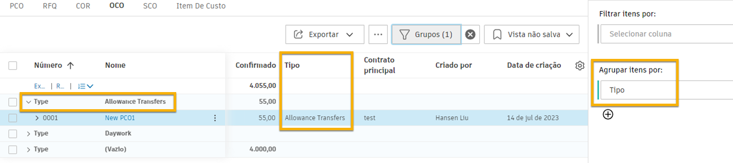 OCO com o tipo Transferências de provisão aplicado