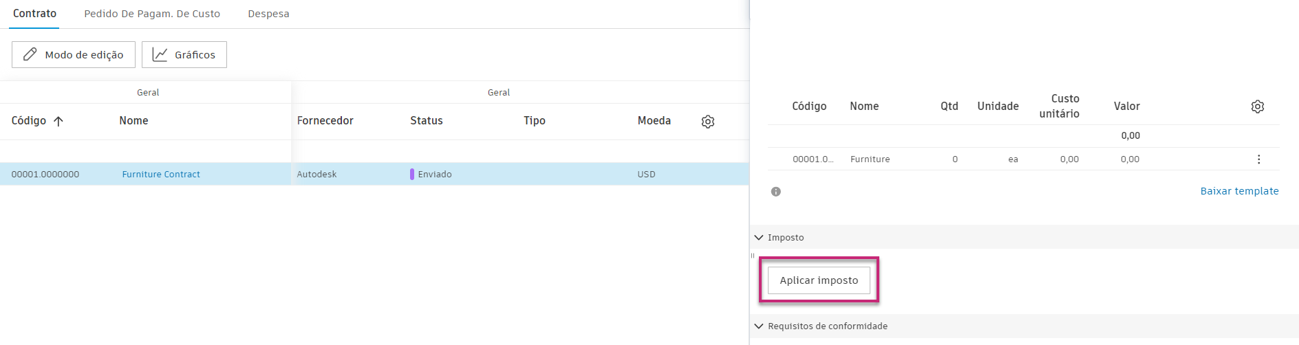 Painel Aplicar detalhes de impostos