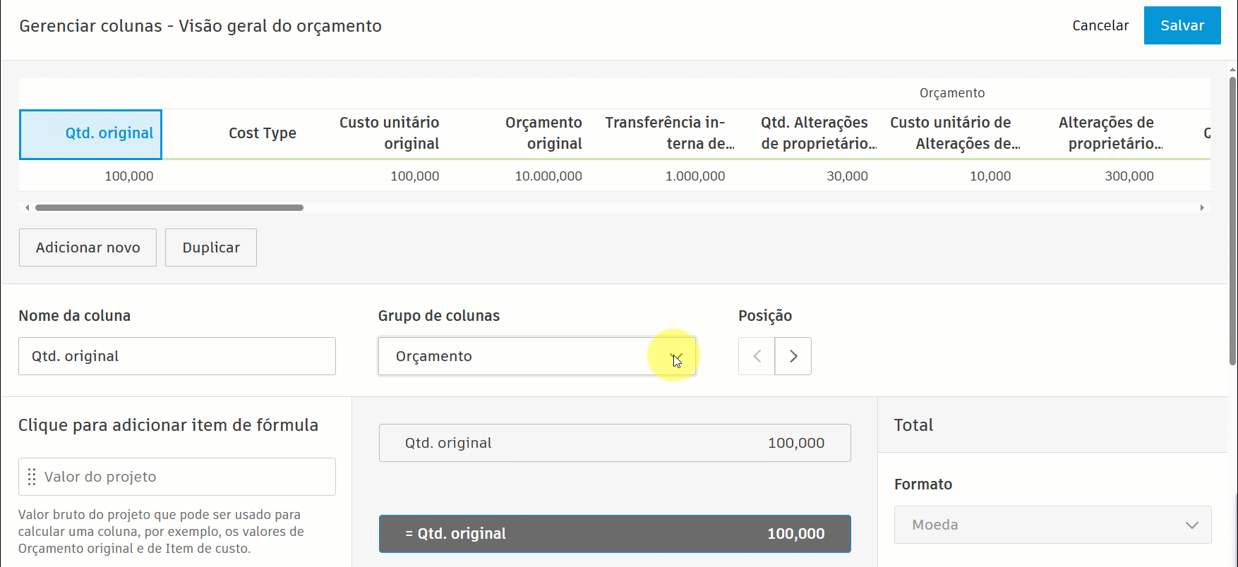 Colunas de visão geral do orçamento
