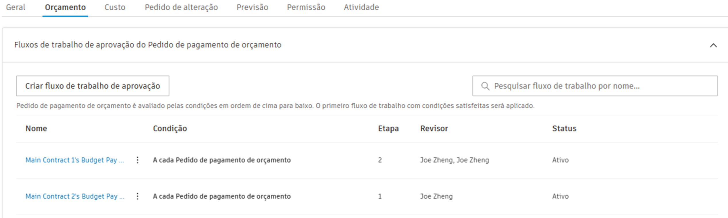 Fluxo de trabalho de pagamento de orçamento com a coluna Válido para