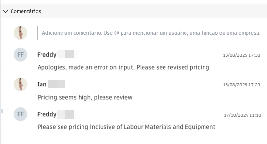 Seção de comentários da RFQ mostrando várias entradas de comentários