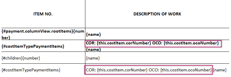 Template de documento mostrando variáveis de número de COR e OCO