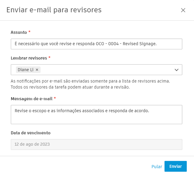 Caixa de diálogo Envio do fluxo de trabalho de aprovação