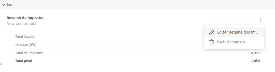 menu Mais do imposto de custo