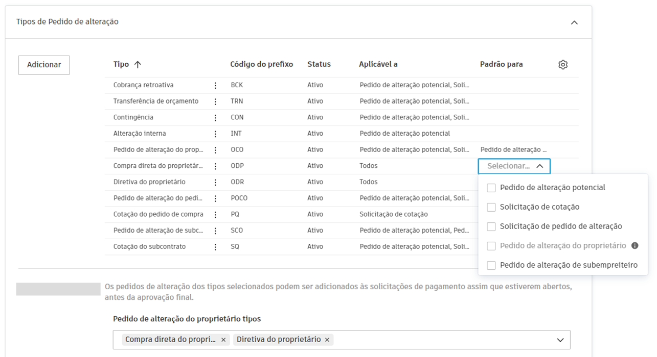 Configuração do tipo de pedido de alteração padrão mostrando as opções da caixa de seleção para definir os tipos padrão