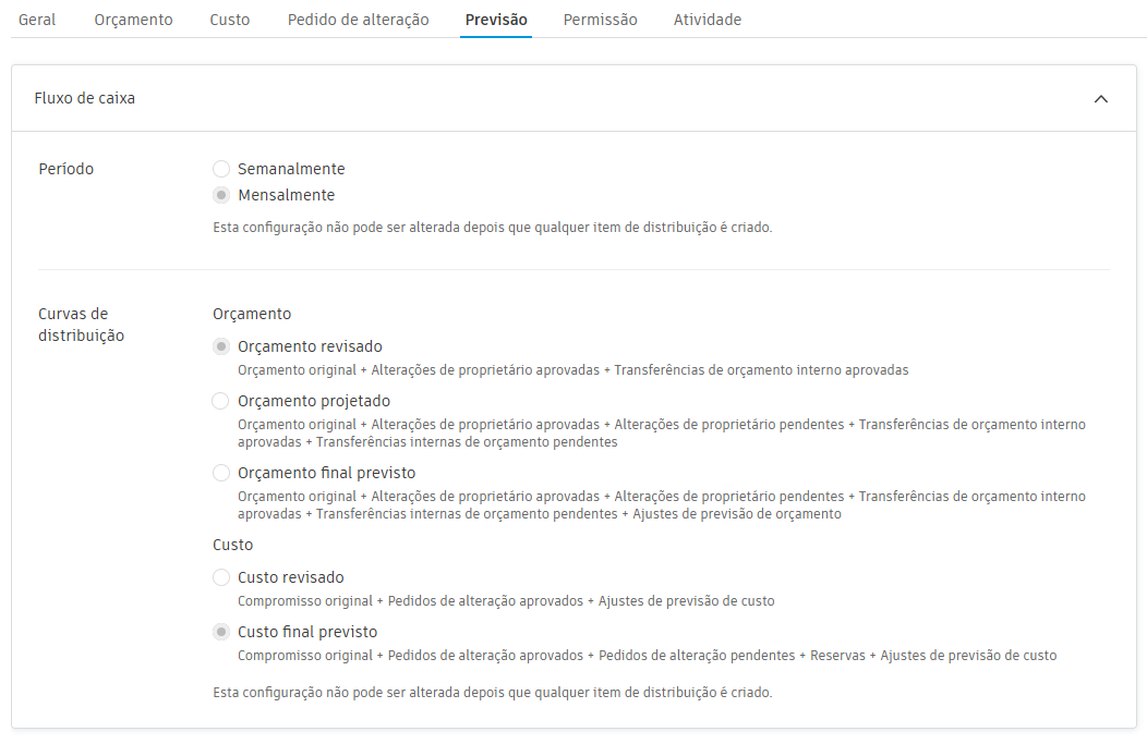 Painel de configurações de curvas de distribuição mostrando opções de orçamento e custo para previsão de fluxo de caixa