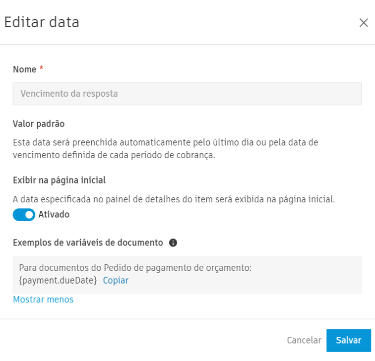Painel de configuração Editar datas