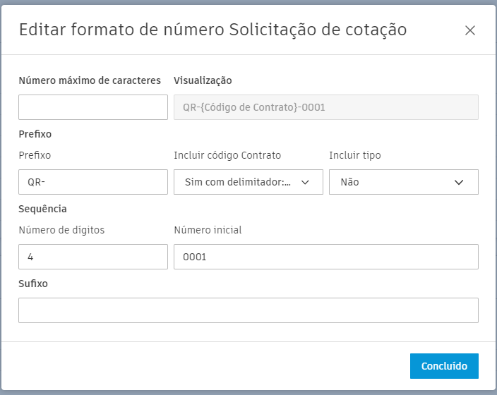 Caixa de diálogo Editar formato de número RFQ mostrando campos de máximo de caracteres, prefixo, dígitos, número inicial e sufixo