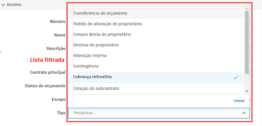 Lista filtrada de tipo de pedido de alteração mostrando opções de tipo no menu suspenso