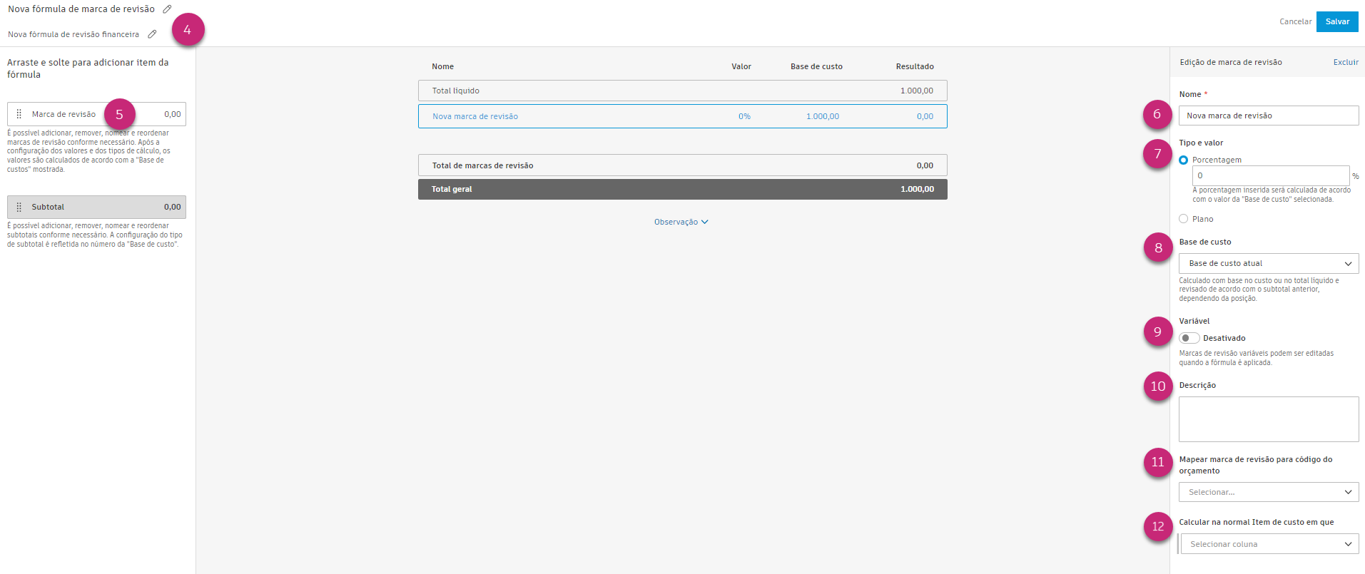 Interface de configuração da fórmula de revisão financeira mostrando configurações de revisão, opções de base de custo e gerador de fórmulas