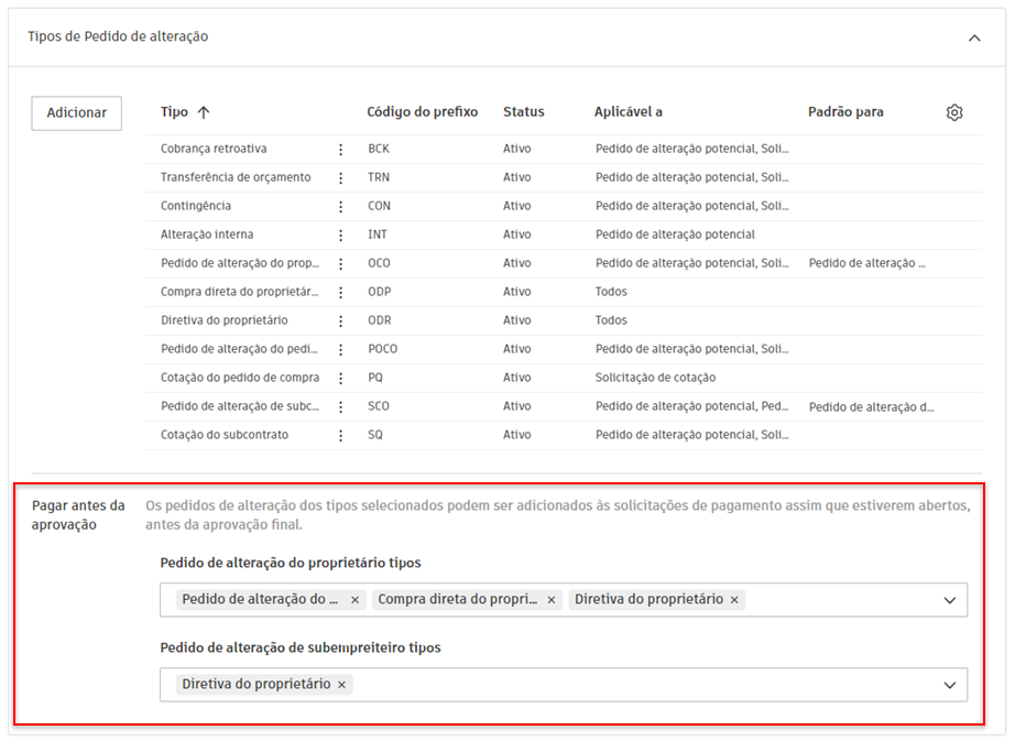 Configurações de Pagar antes da aprovação mostrando menus suspensos de seleção dos tipos de OCO e de SCO