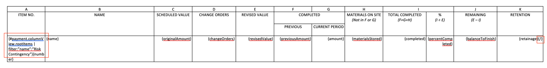 Template de documento mostrando a funcionalidade de filtro para itens de Contingência de risco