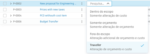 Personalização do escopo do item de custo e PCO mostrando um exemplo de campos de nome e descrição com Contingência alterada para Transferir
