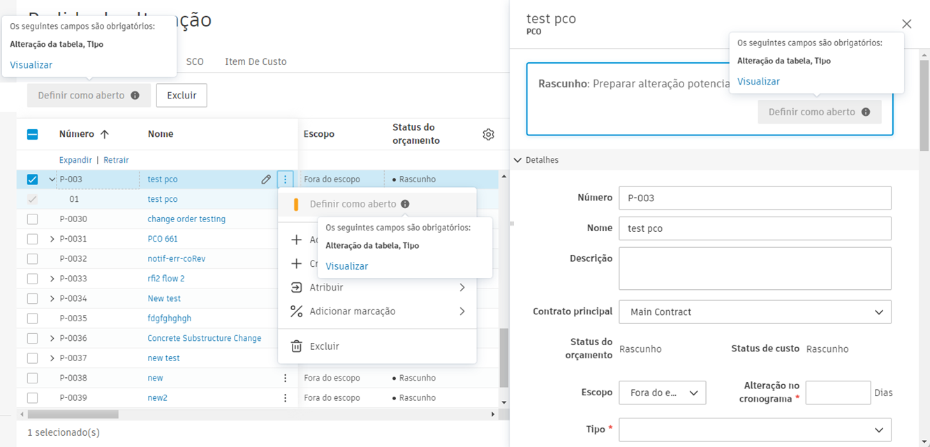 Mensagem de validação de campos obrigatórios mostrando campos obrigatórios ausentes com o botão Visualizar para redirecionar para dados ausentes