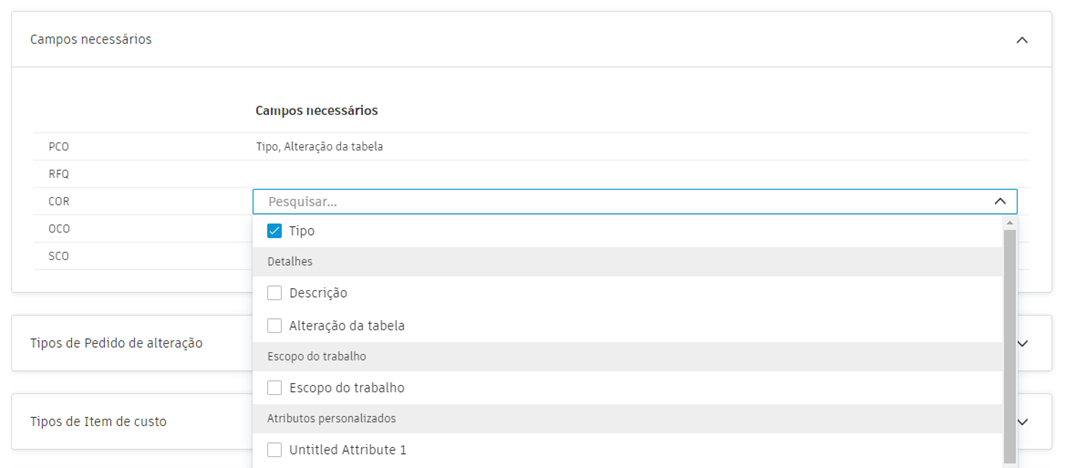 Campos obrigatórios para a configuração de pedidos de alteração mostrando a seleção suspensa de campos obrigatórios
