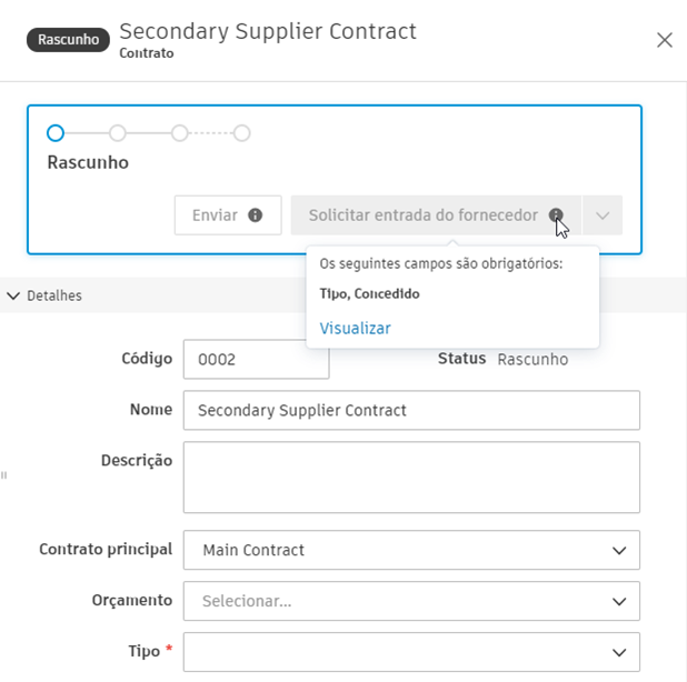 Mensagem de validação de campos obrigatória para contratos
