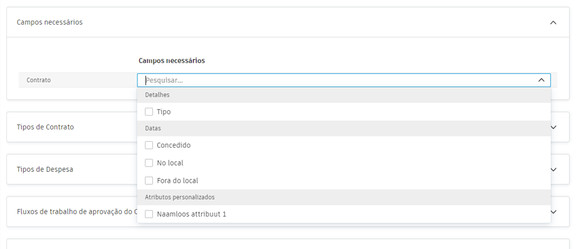 Campos obrigatórios para configuração de contratos