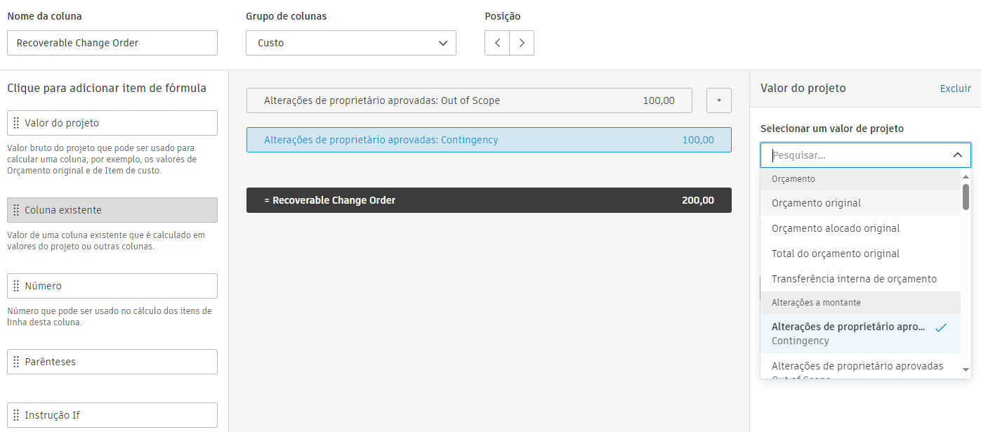 Painel do lado direito mostrando a seleção de valor
