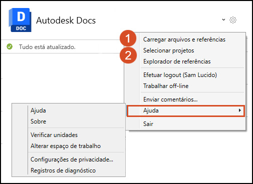 Opções de menu no Desktop Connector