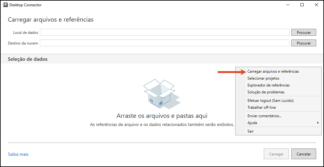 Ferramenta Carregar arquivos e referências