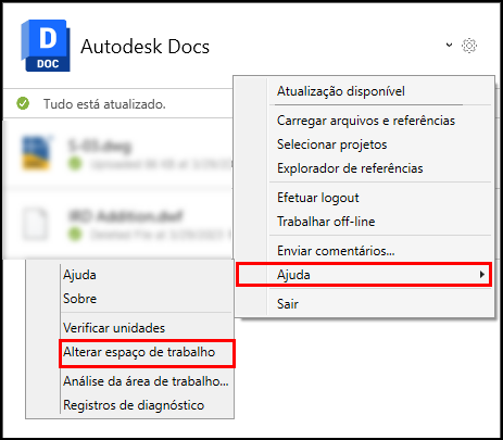 Tópico de ajuda Alterar espaço de trabalho