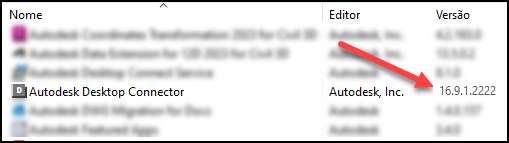 Versão instalada no Painel de controle