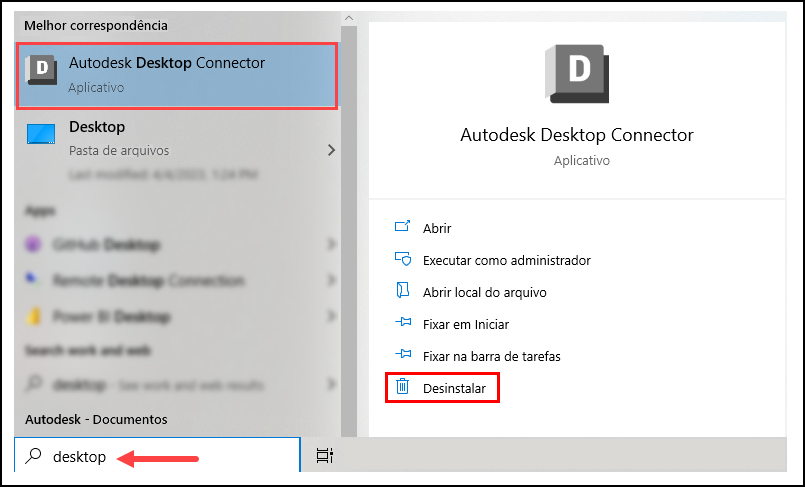 Opção de desinstalação do Desktop Connector no menu Iniciar do Windows