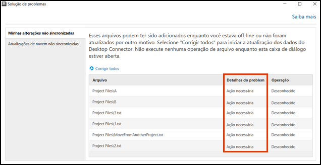 Status Ação necessária na ferramenta Solução de problemas