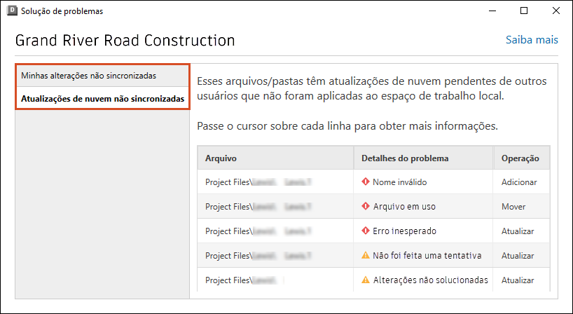 Ferramenta de solução de problemas mostrando guias de alterações não sincronizadas