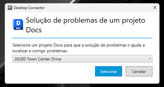 Tela de seleção de projeto na ferramenta de solução de problemas