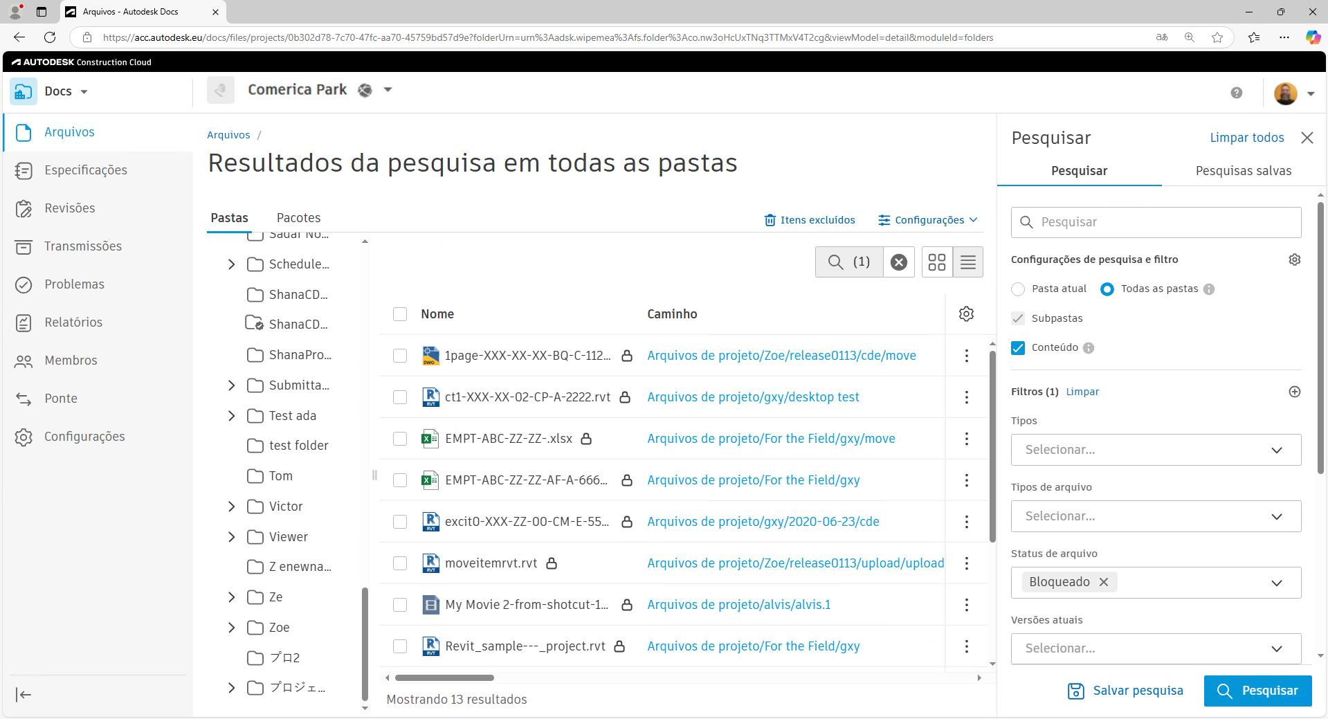 Pesquisa com status de arquivo bloqueado
