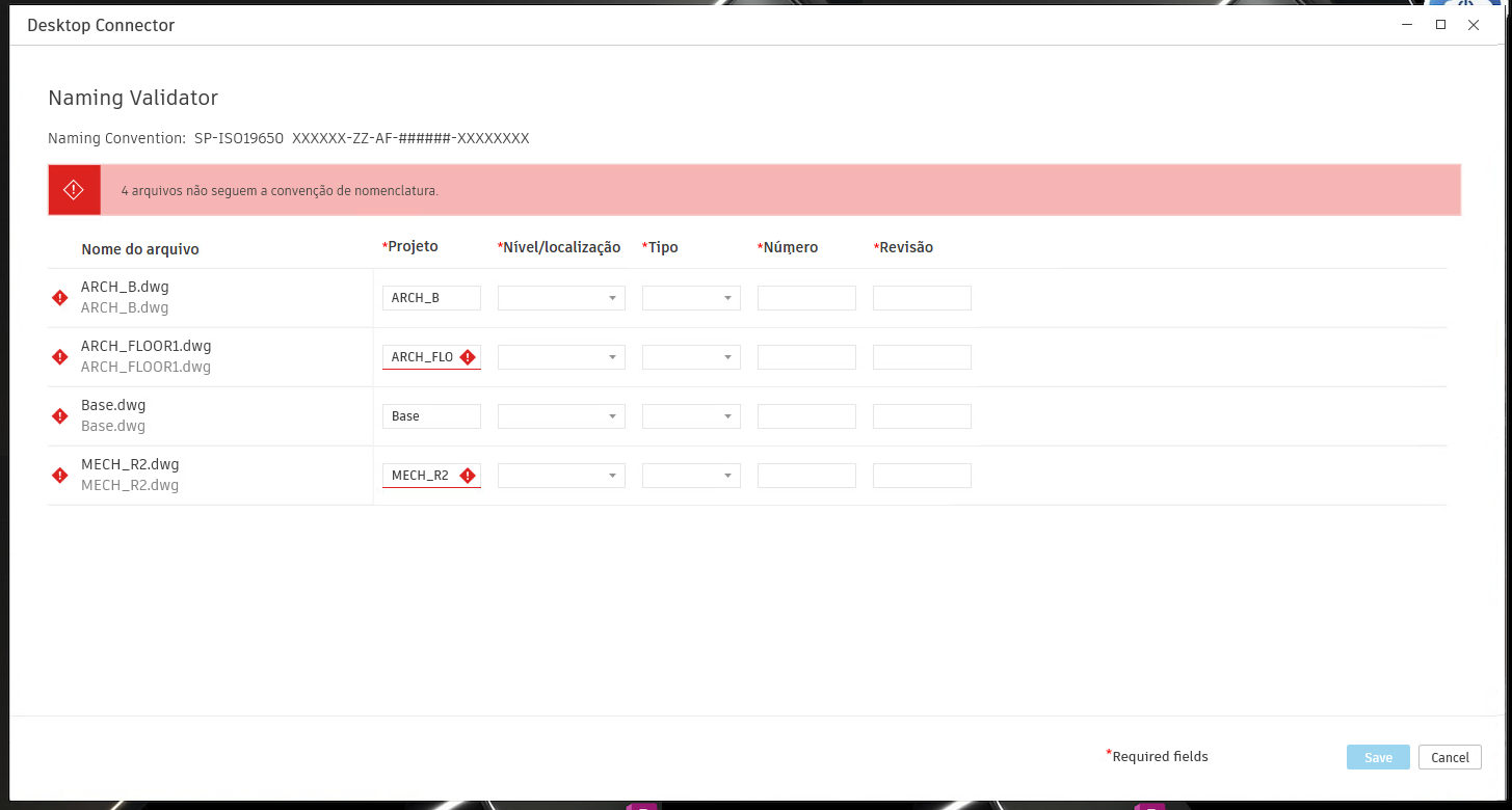erros de validação de nomenclatura