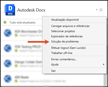 Menu de problemas do DC
