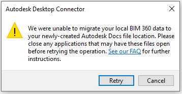 Caixa de diálogo de migração do BIM 360