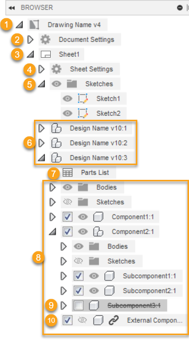 Menu do navegador da vista de desenho