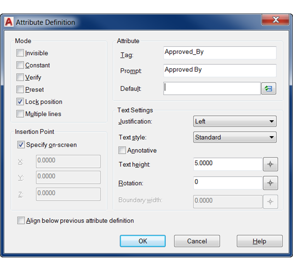 caixa de diálogo definição de atributo