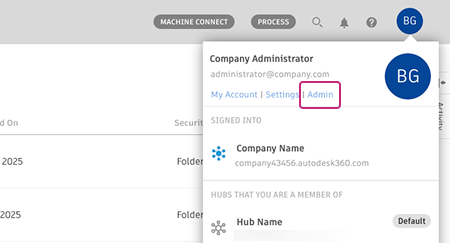 Opção do menu Admin realçada no menu desdobrável do perfil