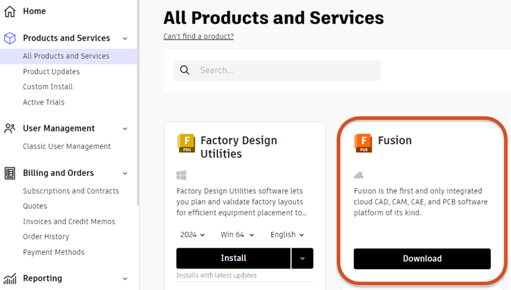 Fazer download de Fusion da Autodesk Account