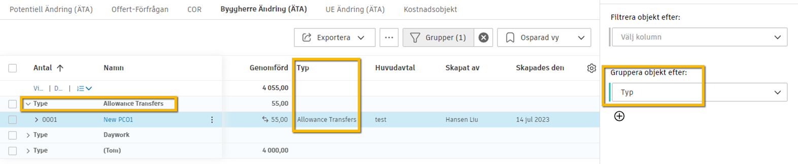 Byggherre Ändring (OCO) med typ av ersättningsöverföringar tillämpad