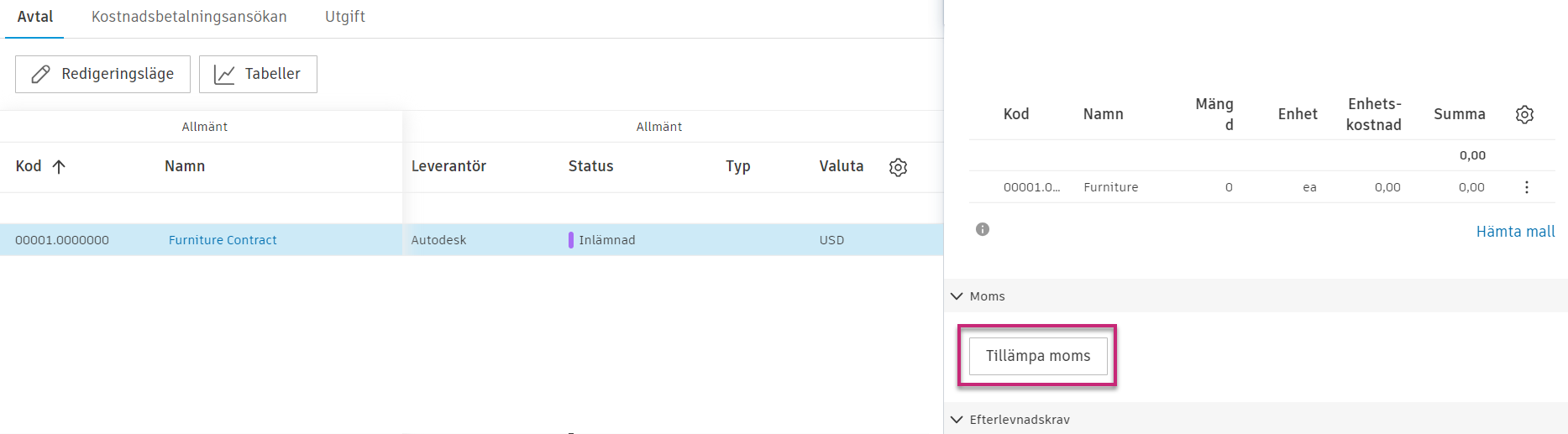 Panelen Tillämpa en momsuppgift