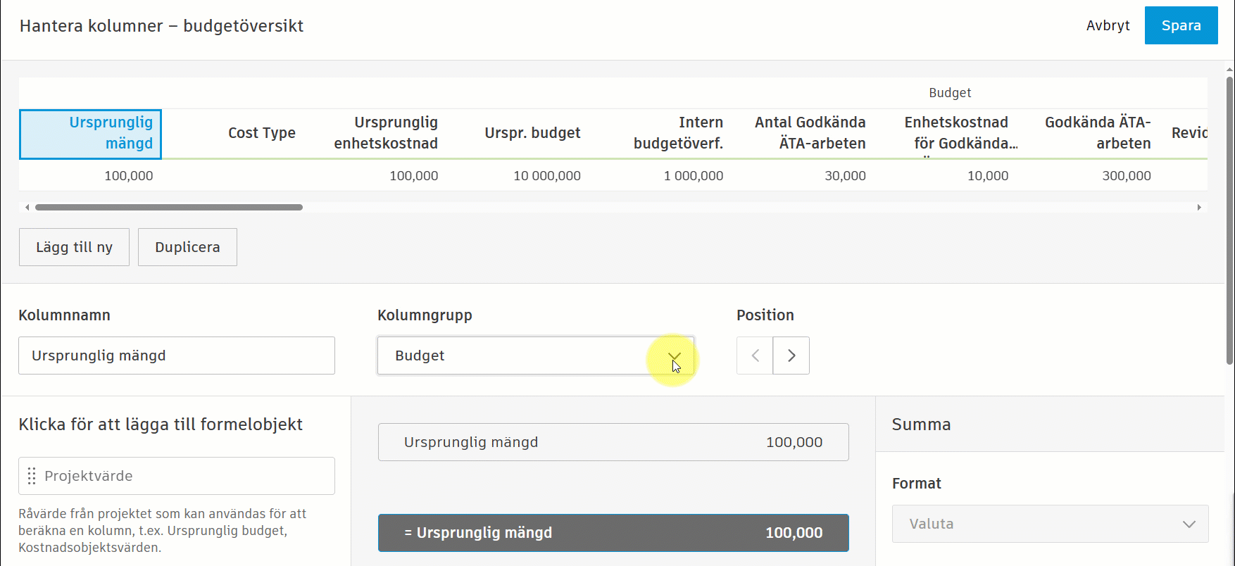 Budgetöversiktskolumner