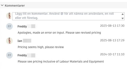 Avsnitt för Offerförfrågan (RFQ)-kommentarer som visar flera kommentarsinlägg