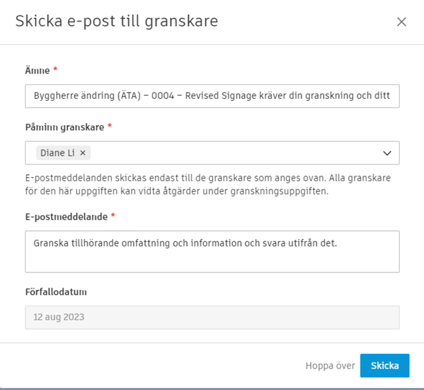 Dialogrutan Skicka arbetsflöde för godkännande
