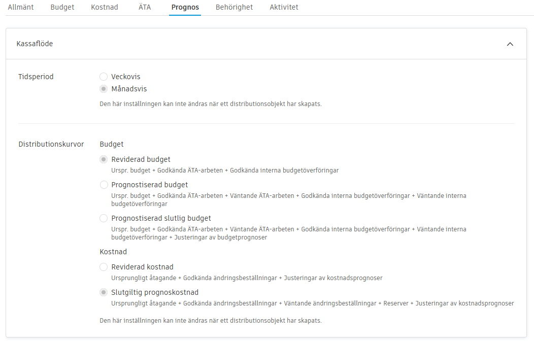 Inställningar för distributionskurvor som visar budget- och kostnadsalternativ för kassaflödesprognoser