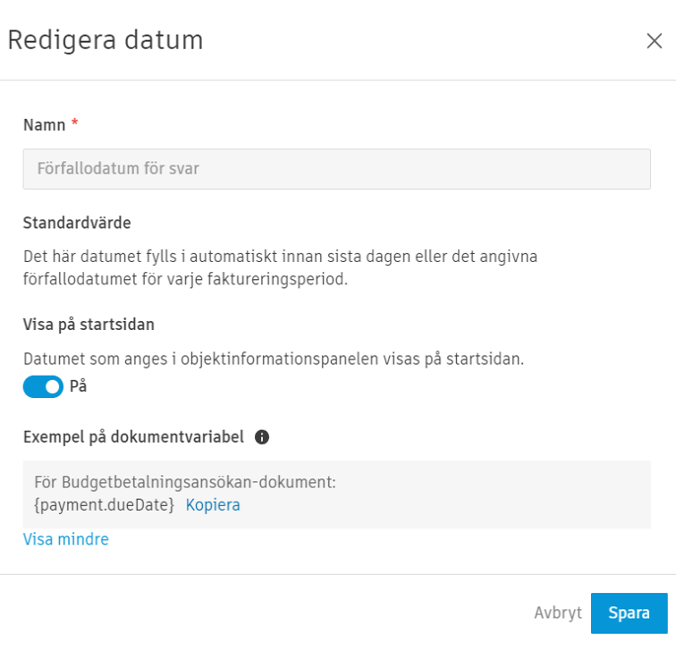 Konfigurationspanelen Redigera datum som visar inställningar för standardvärden, alternativ för relativa datum och exempel på dokumentvariabler