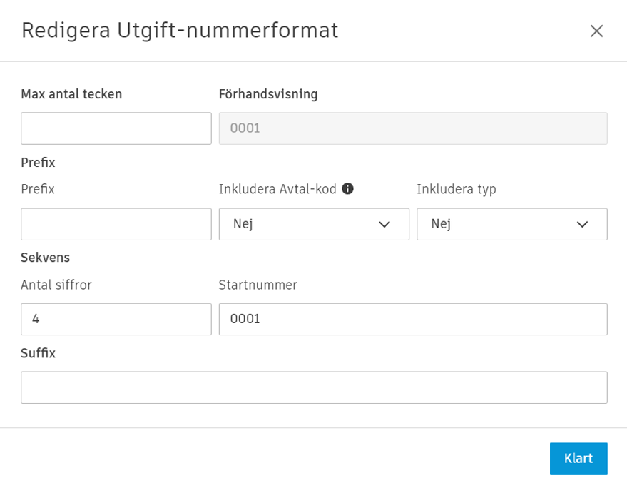 Dialogrutan Redigera utgiftsnummerformat