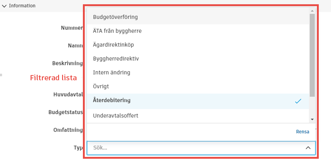 Filtrerad lista över ändringsbeställningstyper som visar typalternativ i listmenyn