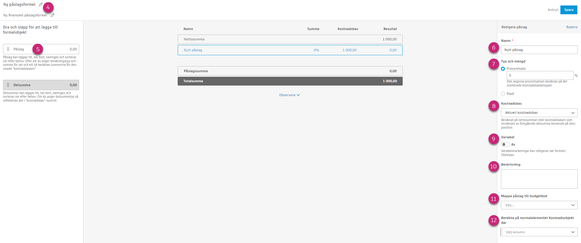Konfigurationsgränssnitt för finansiella påslagsformler som visar påslagsinställningar, alternativ för kostnadsbas och formelbyggare